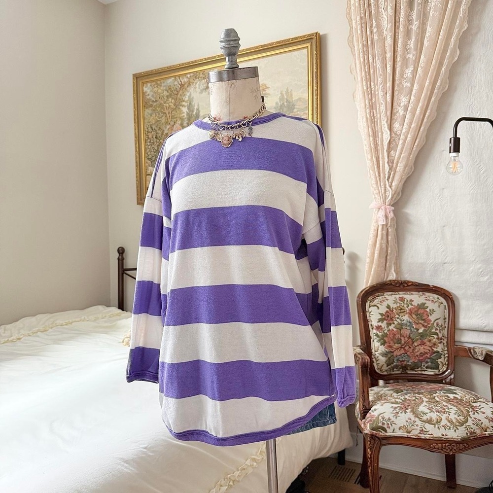 90s WBRK FM size large lavender and white striped oversized knit sweater